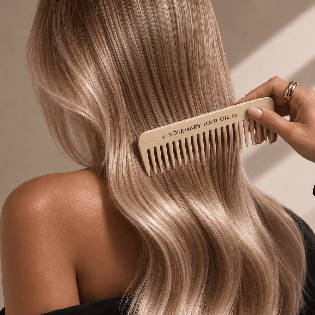 A close-up lifestyle shot of a person with long, wavy blonde hair using a light beige wooden comb branded '