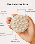 Hand holding a scalp stimulator with text highlighting its benefits on a white background. Rosemary hair oil, scalp massager, soothe, essential, hair growth, stimulate, health, haircare, UK
