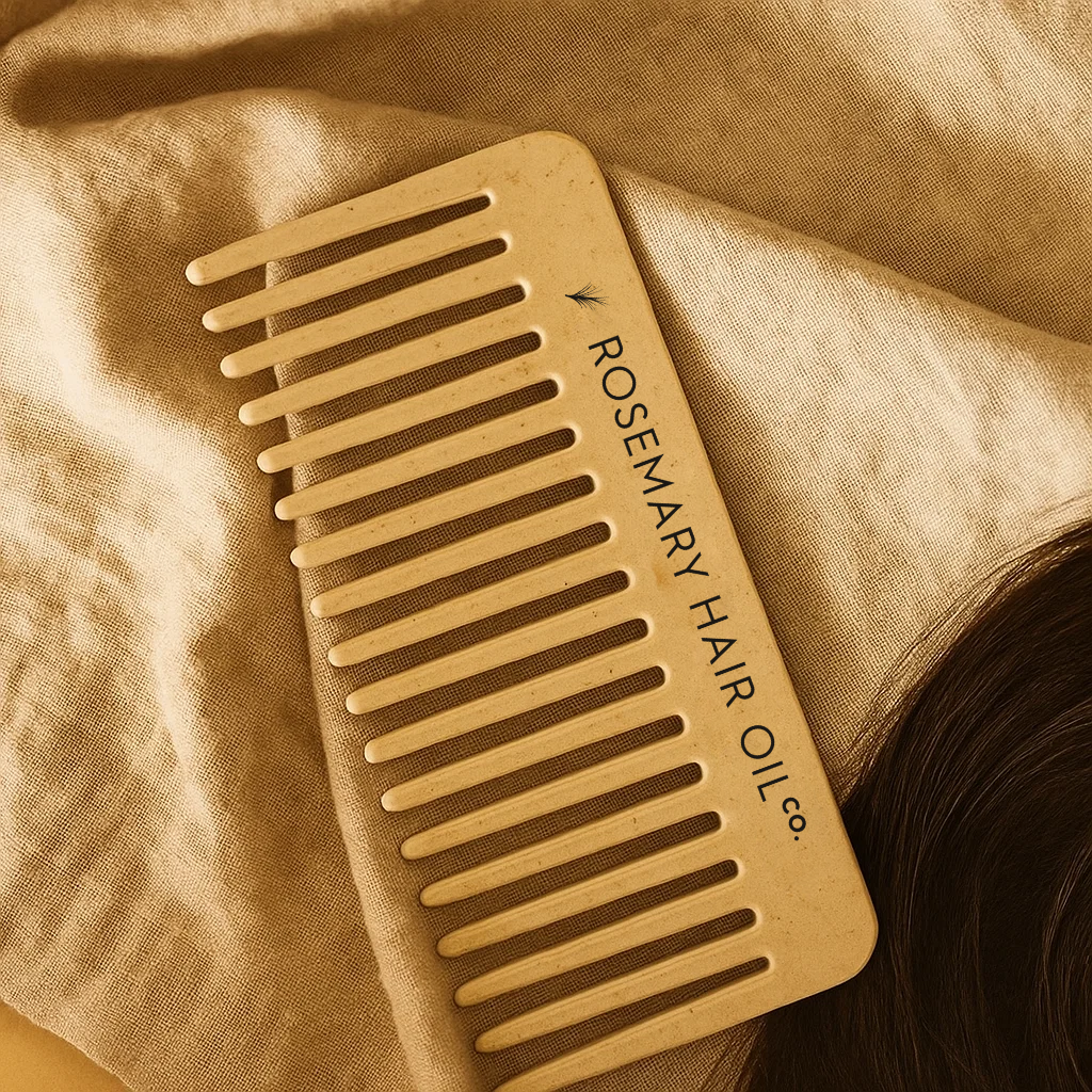 Wooden comb with 'Rosemary Hair Oil Co.' branding on a beige fabric background, Beige comb with 'Rosemary Hair Oil Co.' branding on a beige background, wide tooth flat comb, 