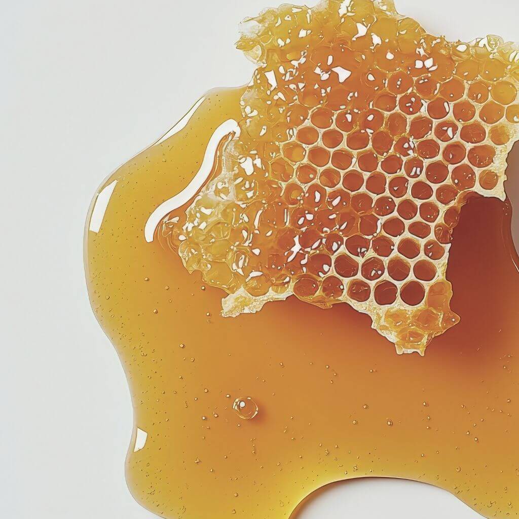 Honeycomb with honey on a white background. SLS-free pro-keratin growth shampoo with honey to gently cleanse and strengthen hair