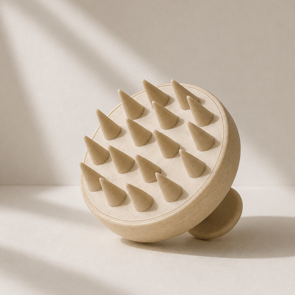 A round silicone scalp massager with multiple cone-shaped silicone spikes, shown on a warm beige background with soft diagonal shadows. Rosemary hair oil, scalp massager, soothe, essential, hair growth, stimulate, health, haircare, UK