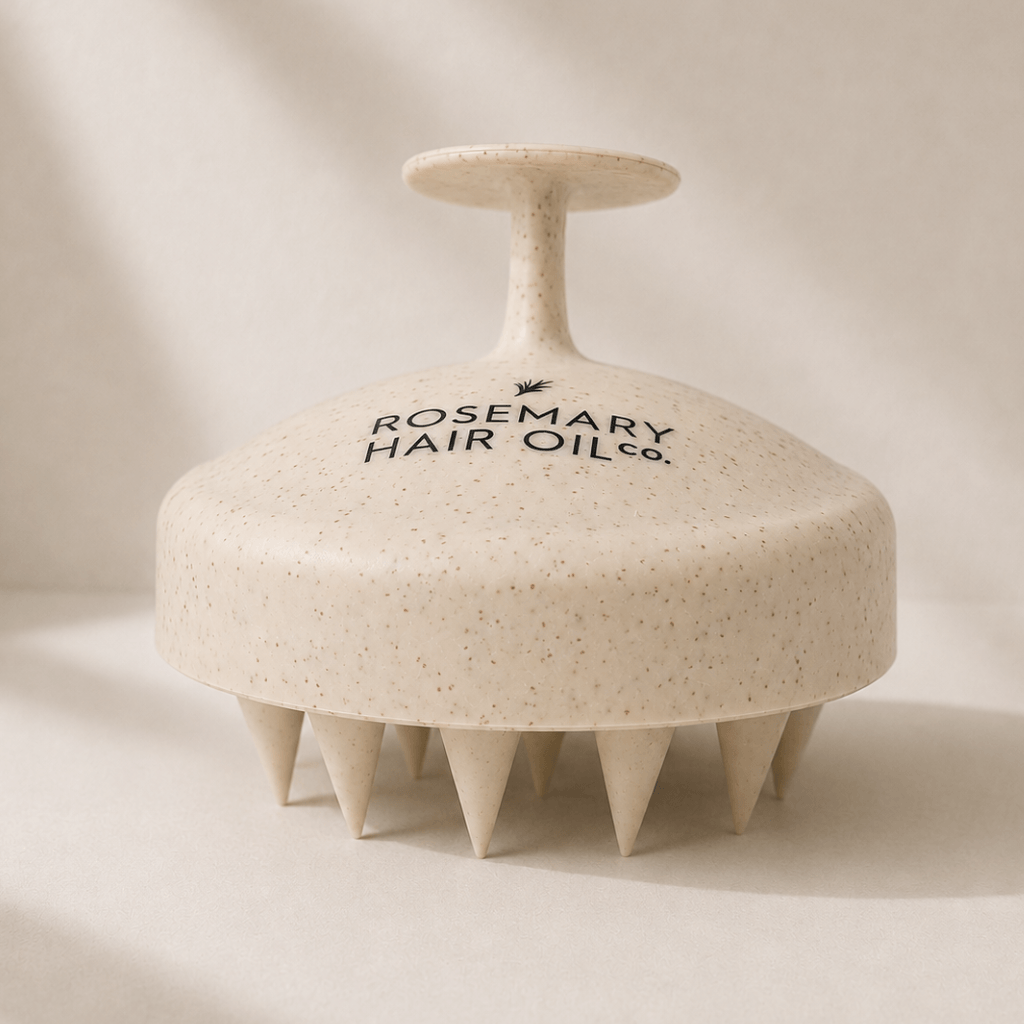 A speckled beige hair massager with a handle on top and multiple short spikes around the base, shown on a warm beige background. The lid is printed with the brand name 'ROSEMARY HAIR OIL co. Rosemary hair oil, scalp massager, soothe, essential, hair growth, stimulate, health, haircare, UK
