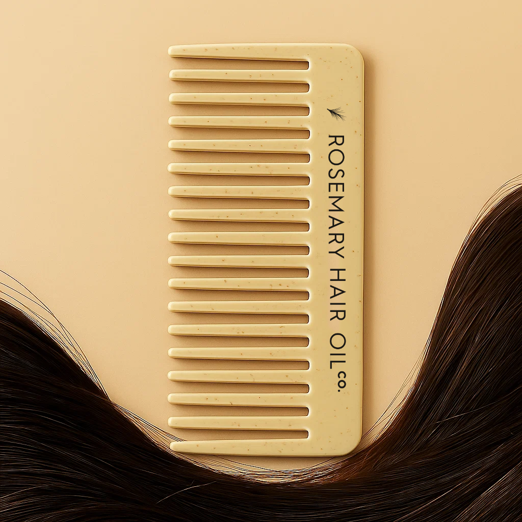 Beige comb with 'Rosemary Hair Oil Co.' branding on a beige background with hair. Beige comb with 'Rosemary Hair Oil Co.' branding on a beige background, wide tooth flat comb, 