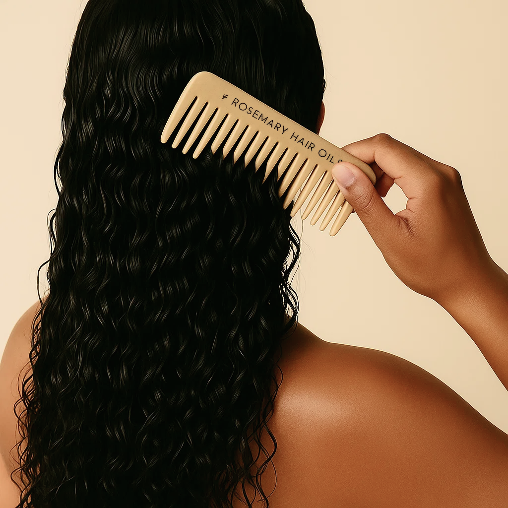 Person combing their hair with a wooden comb labeled 'Rosemary Hair Oil' against a beige background, Beige comb with 'Rosemary Hair Oil Co.' branding on a beige background, wide tooth flat comb, 